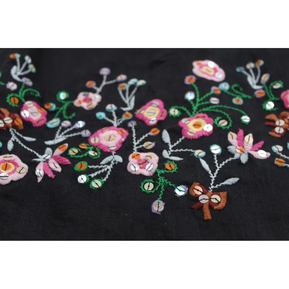 Carole Little Linen Skirt Wms 8 Black Floral‎ Embroidered Sequin A-Line Boho Y2K